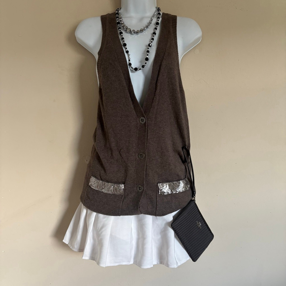 Hollister Vintage Y2K Brown Taupe Cardigan Sweater with Silver Sequins, Size S - Picture 14 of 16